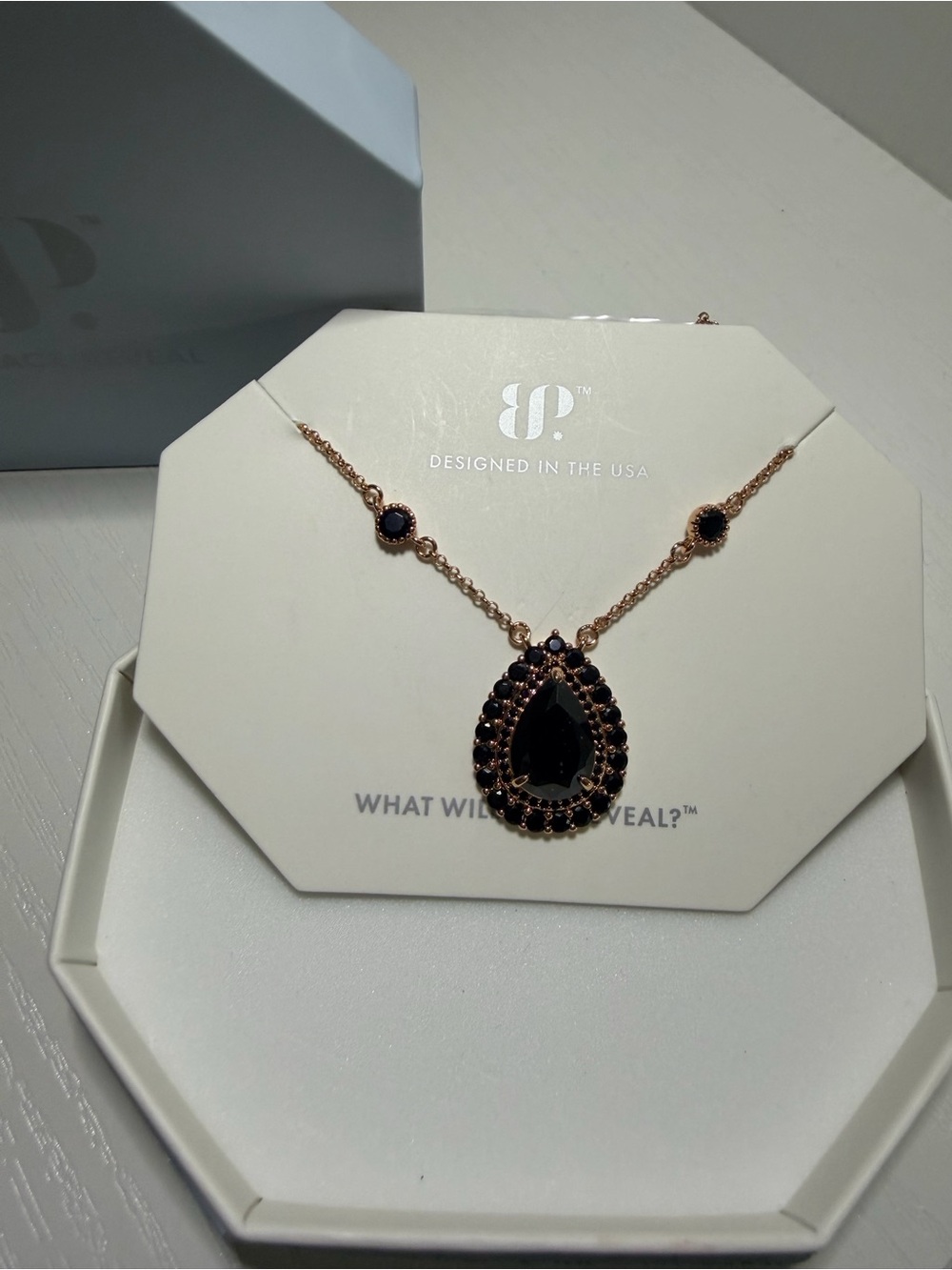 Black Teardrop Pendant Necklace with Rose Gold Chain - Designed in the USA
